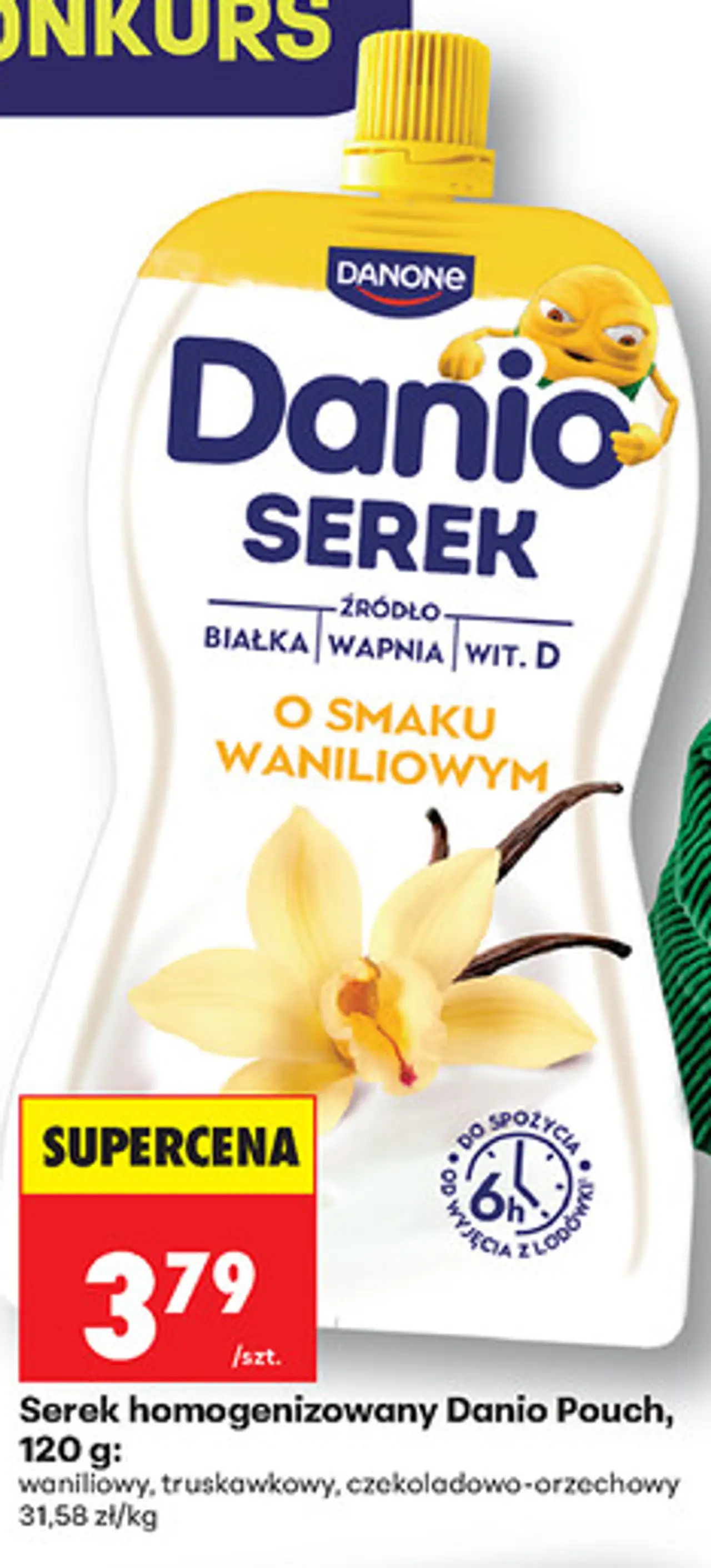Serek homogenizowany Danio Pouch, 120 g: waniliowy, truskawkowy, czekoladowo-orzechowy