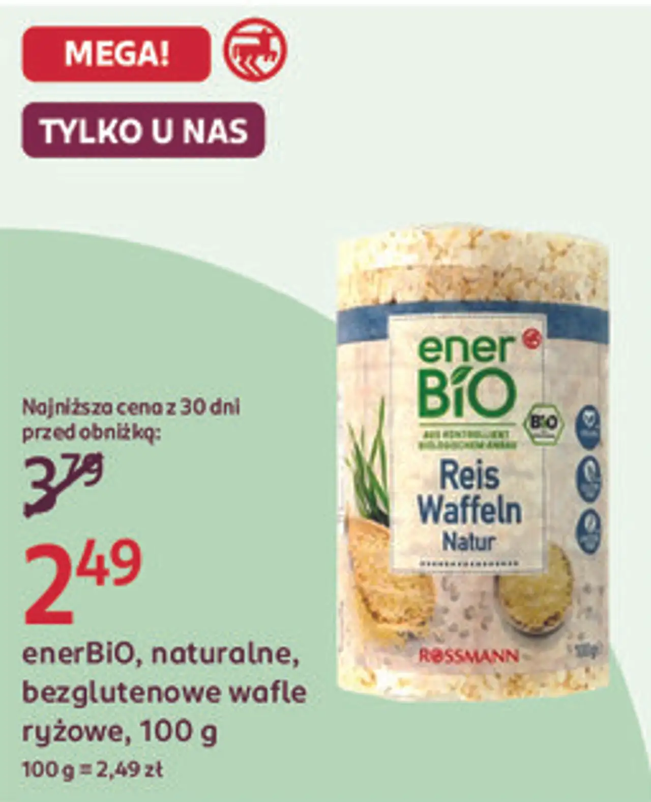enerBiO, naturalne, bezglutenowe wafle ryżowe, 100 g