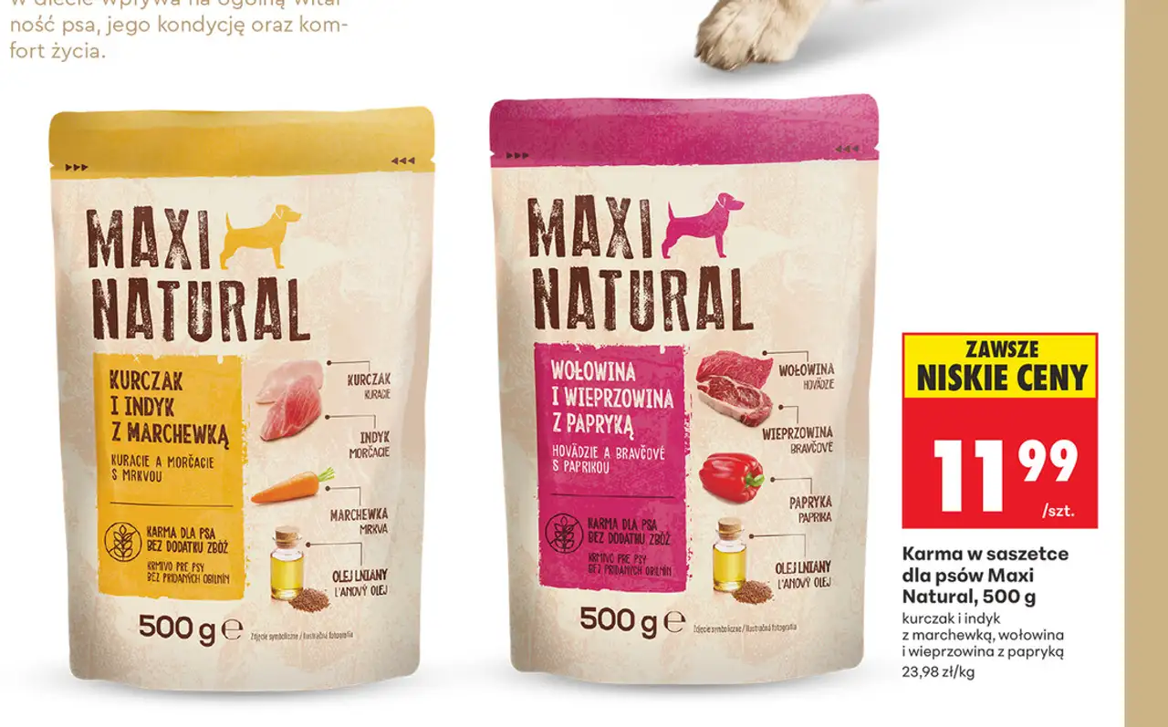 Karma w saszetce dla psów Maxi Natural, 500 g kurczak i indyk z marchewką, wołowina i wieprzowina z papryką