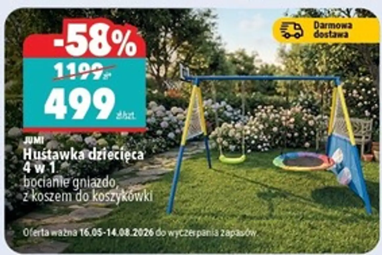 Huśtawka dziecięca 4 w 1 bocianie gniazdo, z koszem do koszykówki JUMI