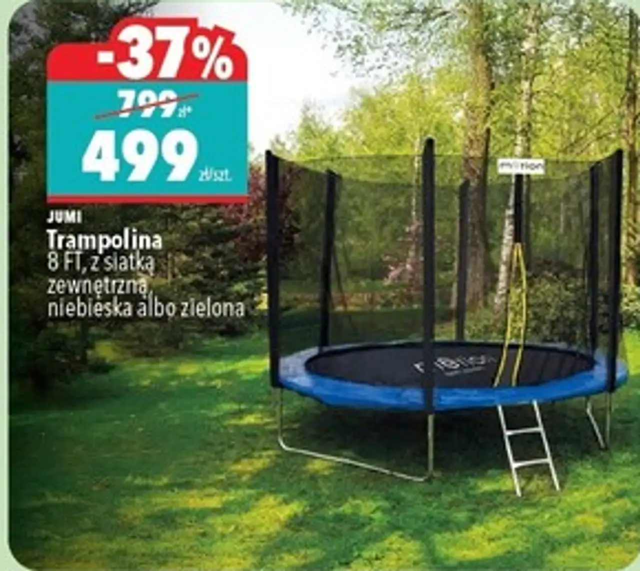 Trampolina 8 FT, z siatką zewnętrzną niebieska albo zielona