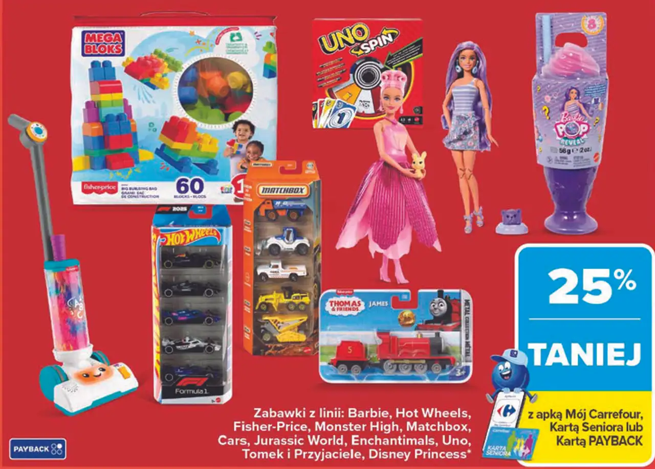 Zabawki z linii: Barbie, Hot Wheels, Fisher-Price, Monster High, Matchbox, Cars, Jurassic World, Enchantimals, Uno, Tomek i Przyjaciele, Disney Princess
