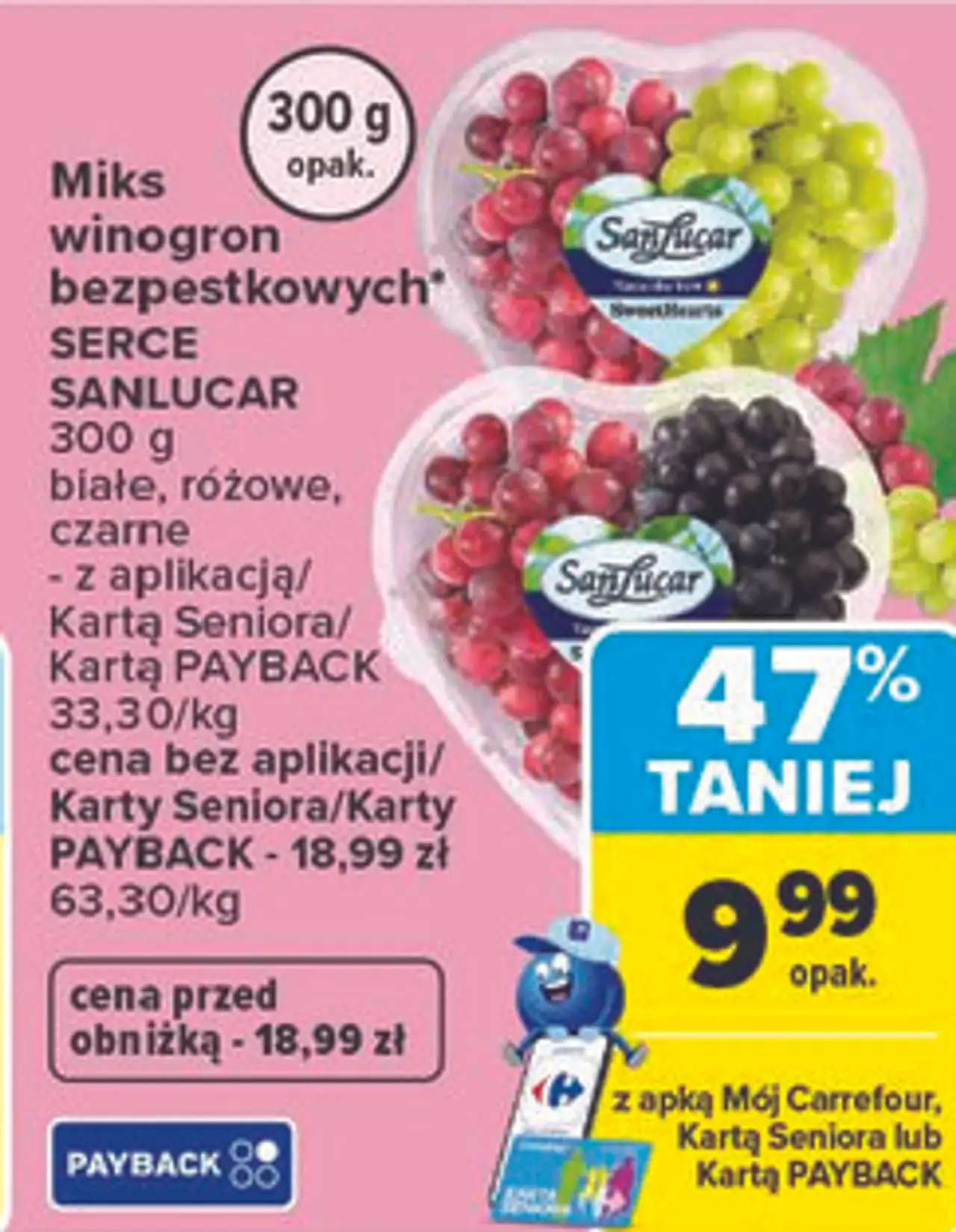 Miks winogron bezpestkowych SERCE SANLUCAR 300 g białe, różowe, czarne