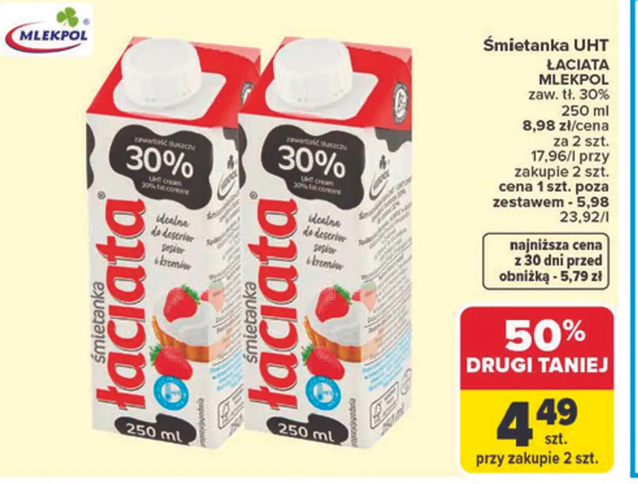 Śmietanka UHT Łaciata Mlekpol zaw. tł. 30% 250 ml