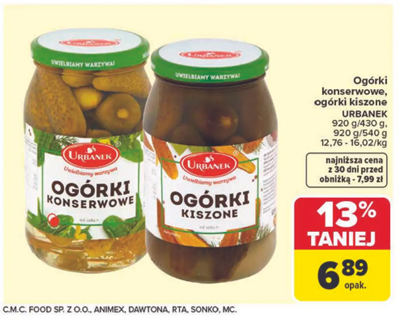 Ogórki konserwowe, ogórki kiszone URBANEK 920 g/430 g, 920 g/540 g