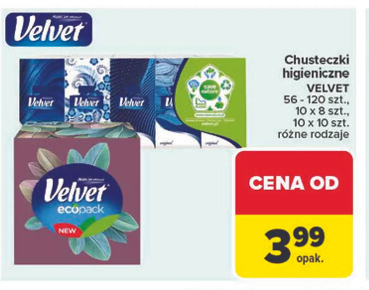 Chusteczki higieniczne VELVET 56 - 120 szt., 10 x 8 szt., 10 x 10 szt. różne rodzaje