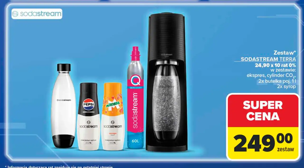 Zestaw: urządzenie terra black + 2 x butelki 1 l cylinder syrop pepsi max mirinda Sodastream