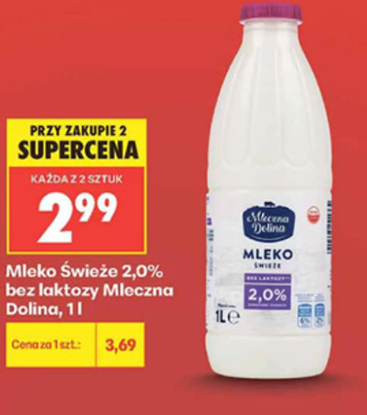 Mleko Świeże 2,0% bez laktozy Mleczna Dolina, 1 l