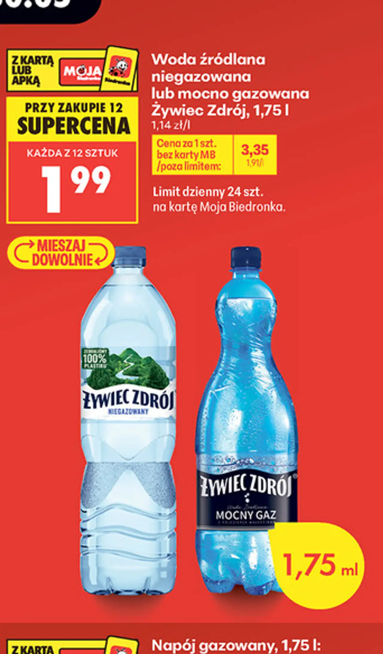 Woda źródlana niegazowana lub mocno gazowana Żywiec Zdrój, 1,75 l