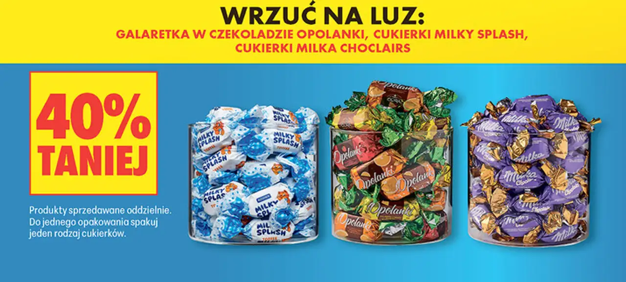 Galaretka w czekoladzie Opolanki, cukierki Milky Splash, cukierki Milka Choclairs