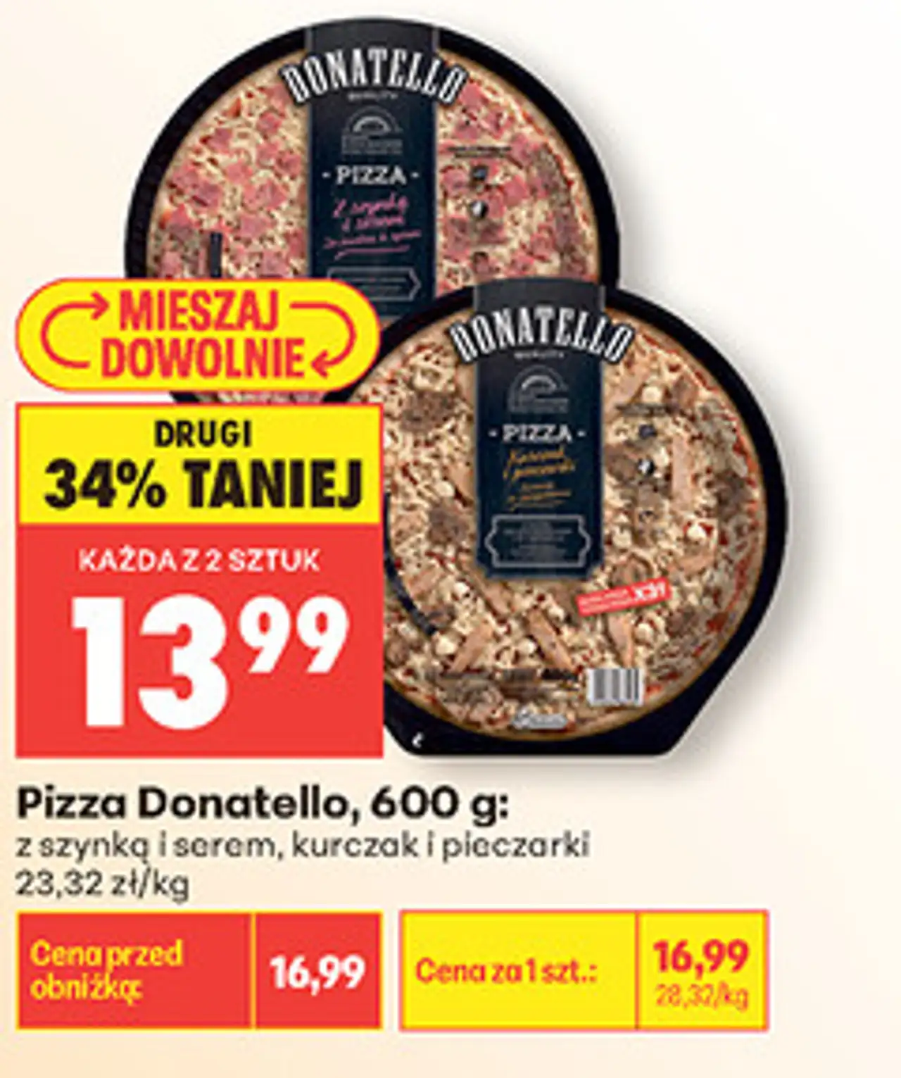 Pizza Donatello, 600 g: z szynką i serem, kurczak i pieczarki