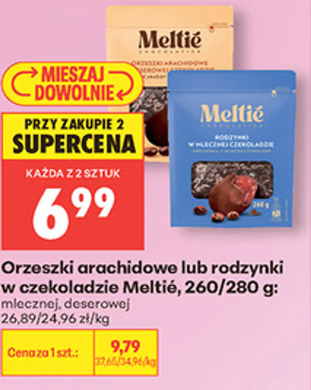 Orzeszki arachidowe lub rodzynki w czekoladzie Meltié
