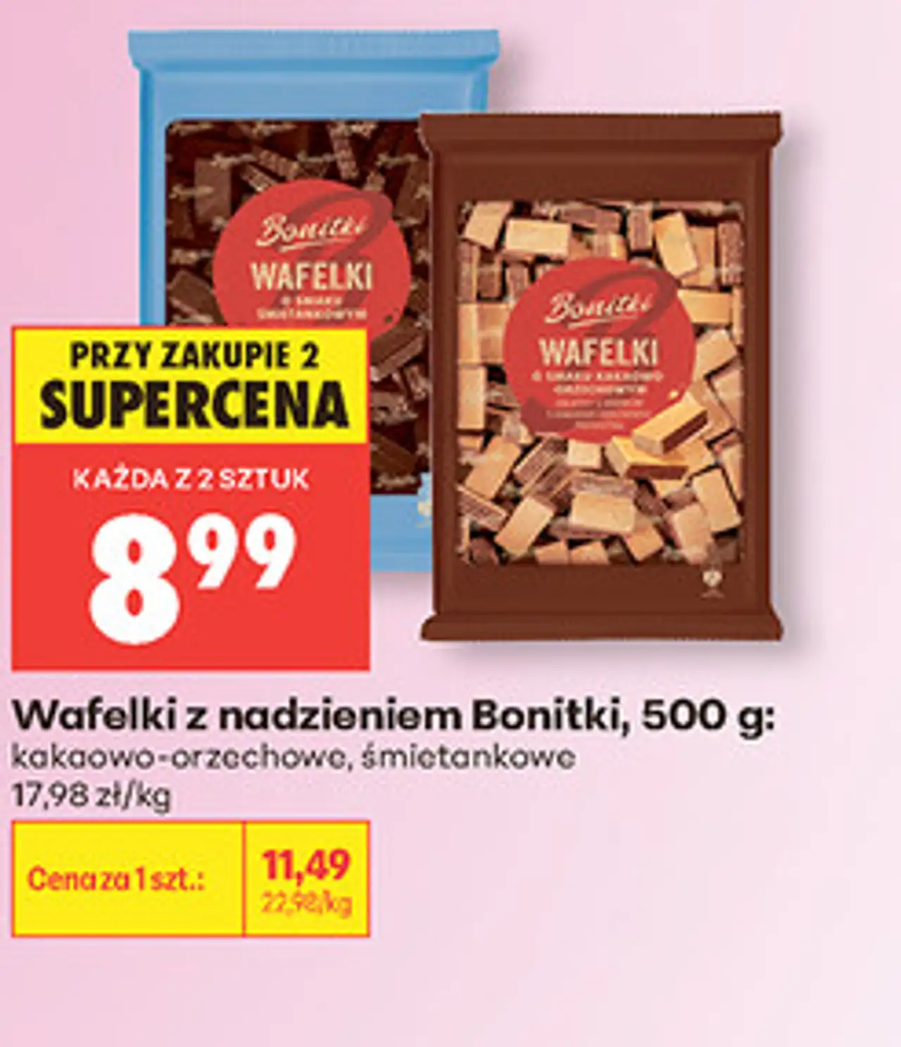 Wafelki z nadzieniem Bonitki, 500 g: kakaowo-orzechowe, śmietankowe