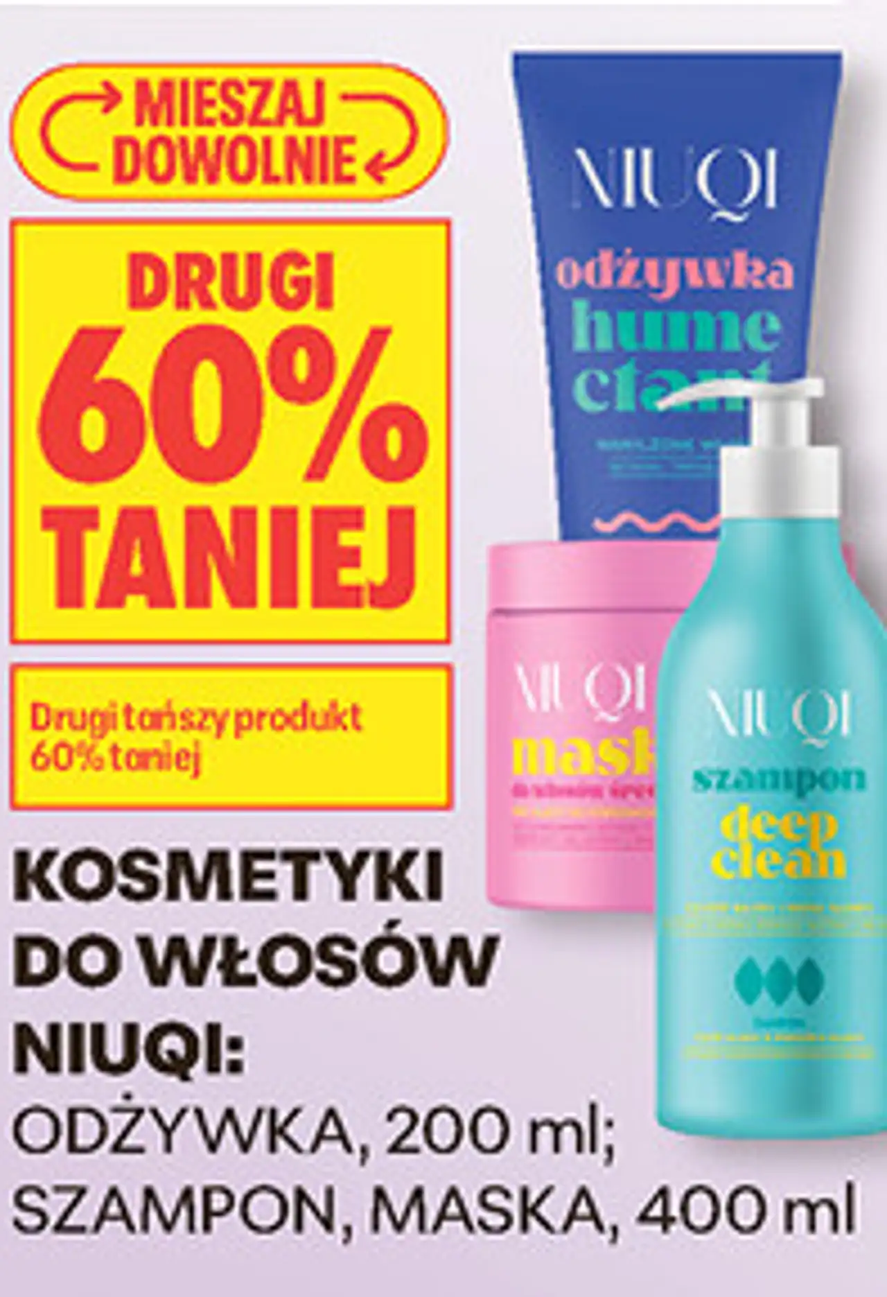 Kosmetyki do włosów Niuqi: odżywka, 200 ml; szampon, maska, 400 ml