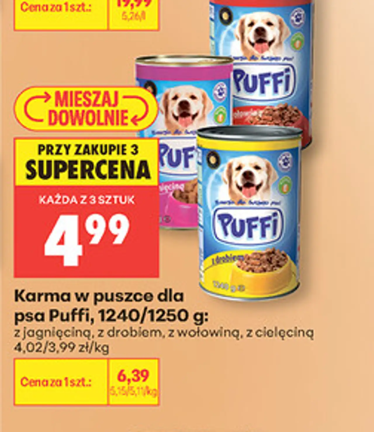 Karma w puszce dla psa Puffi, 1240/1250 g: z jagnięciną, z drobiem, z wołowiną, z cielęciną