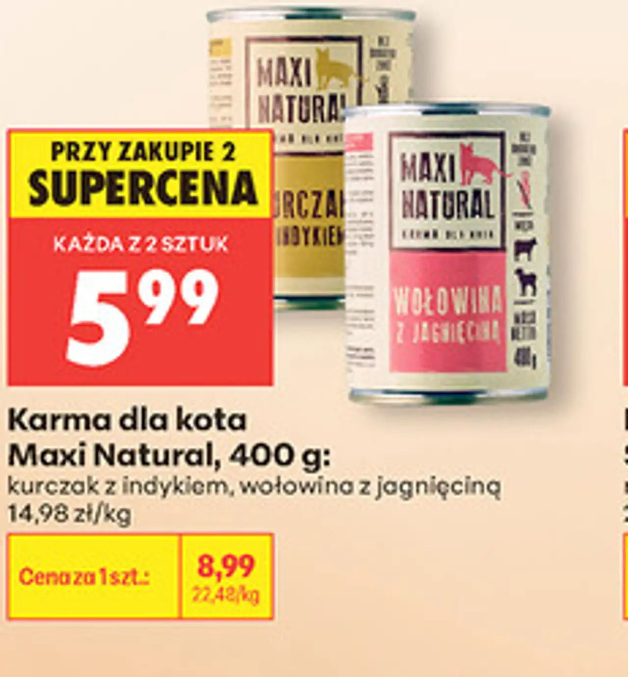 Karma dla kota Maxi Natural, 400 g: kurczak z indykiem, wołowina z jagnięciną