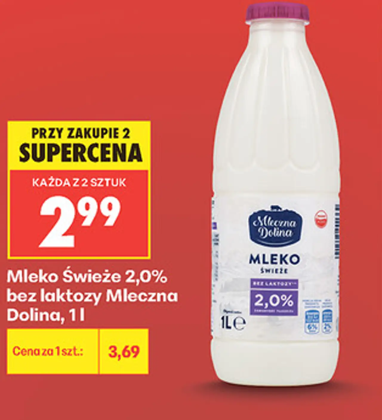 Mleko Świeże 2,0% bez laktozy Mleczna Dolina, 1 l