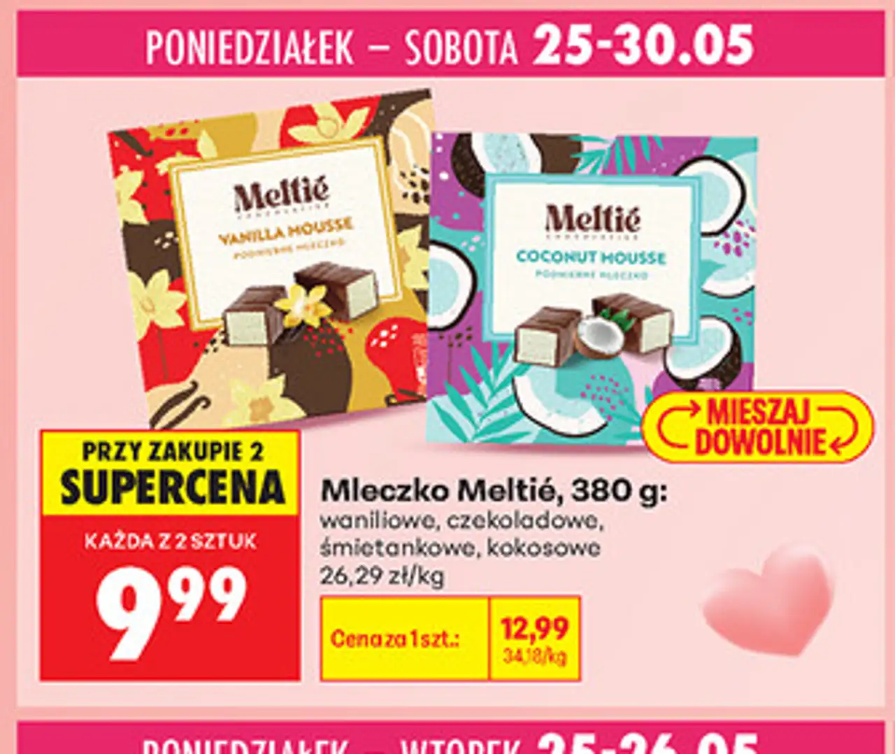 Mleczko Meltié, 380 g: waniliowe, czekoladowe, śmietankowe, kokosowe