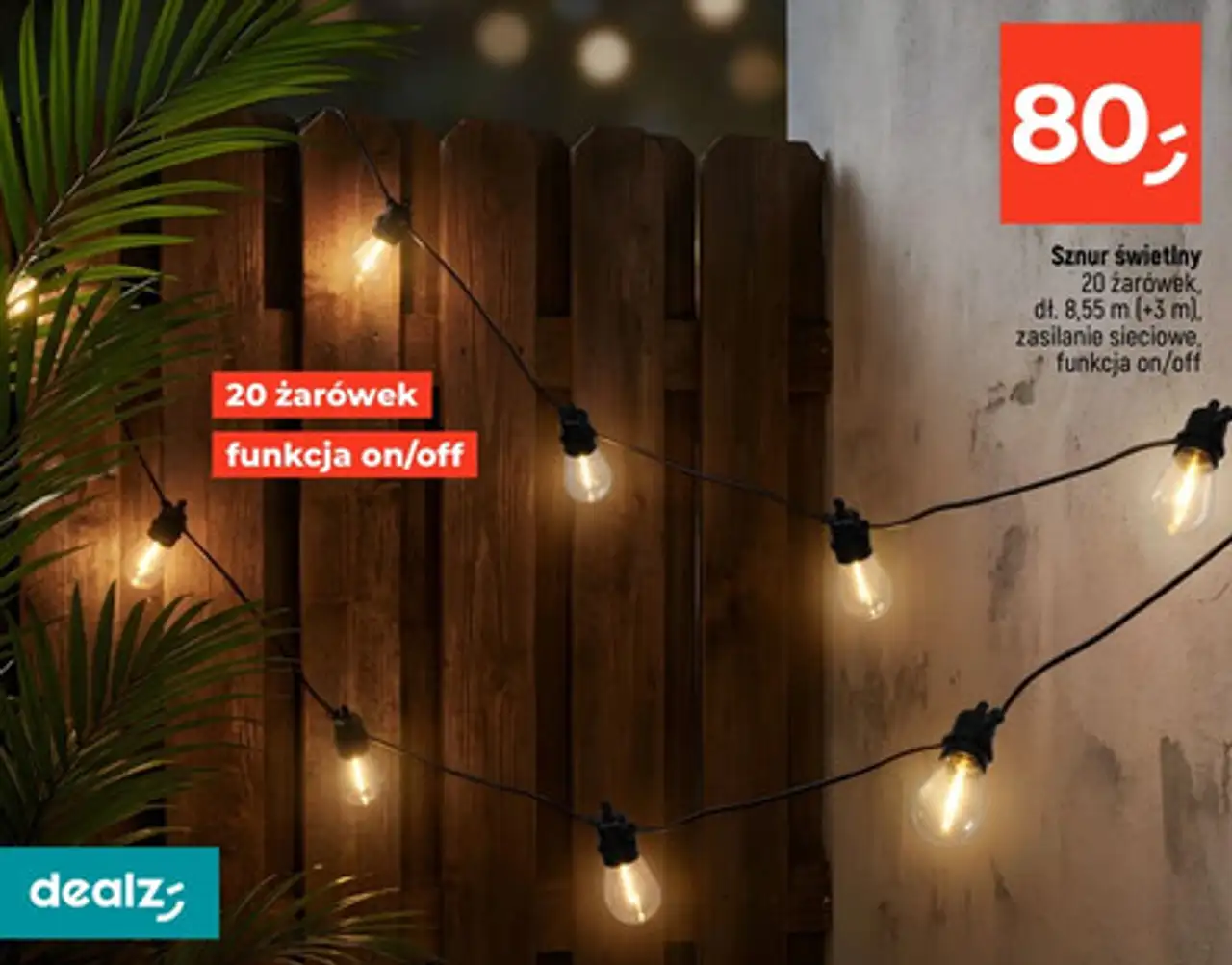Sznur świetlny 20 żarówek, dł. 8,55 m (+3 m), zasilanie sieciowe, funkcja on/off