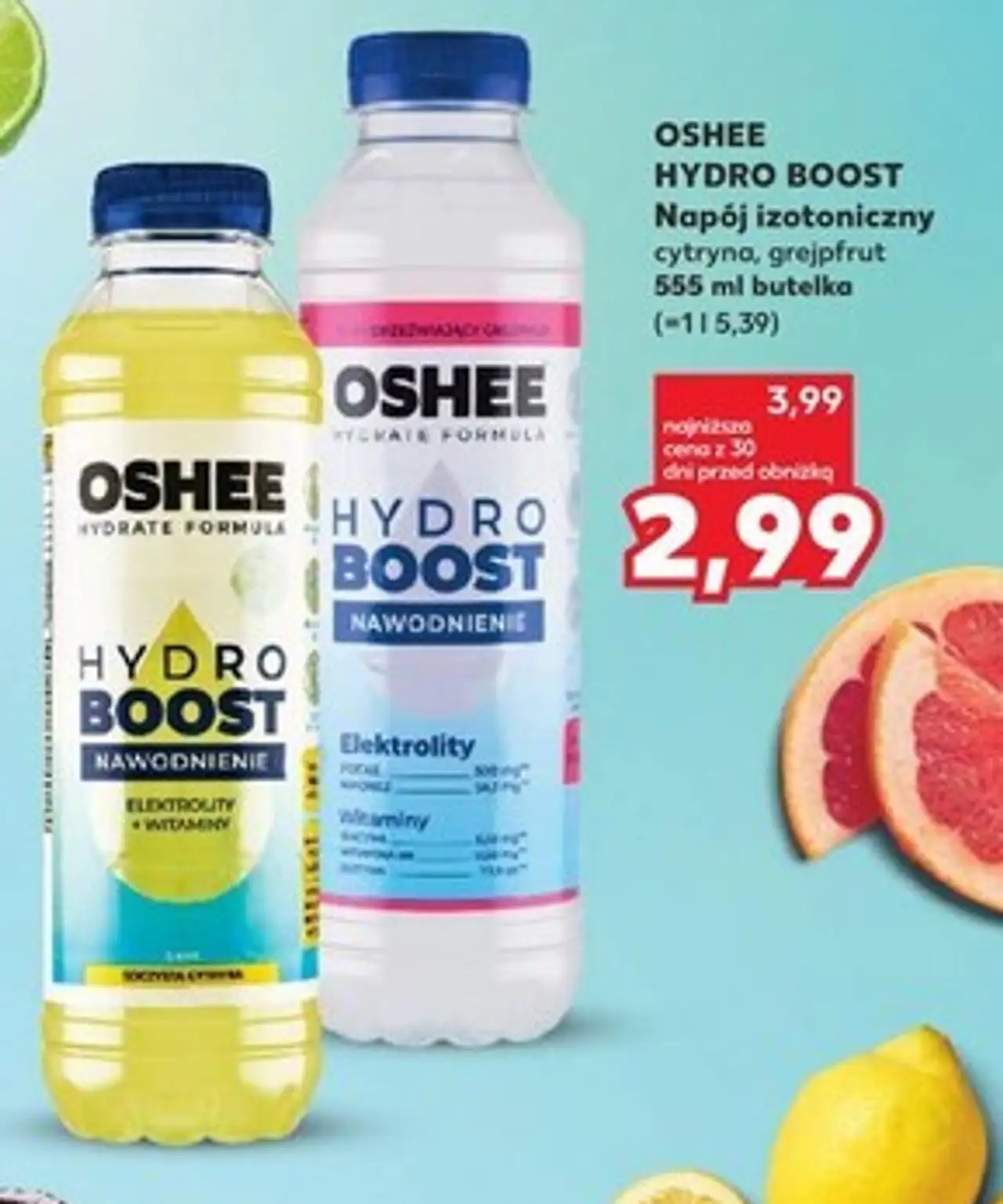 OSHEE HYDRO BOOST Napój izotoniczny cytryna, grejpfrut 555 ml butelka