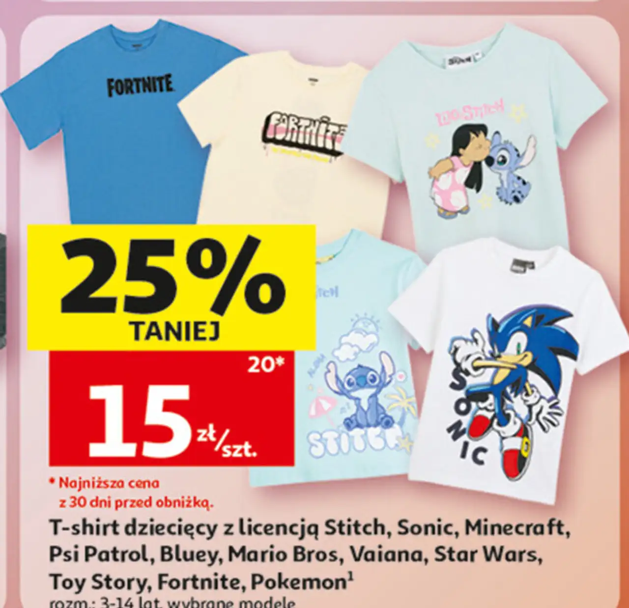 T-shirt dziecięcy z licencją Stitch, Sonic, Minecraft, Psi Patrol, Bluey, Mario Bros, Vaiana, Star Wars, Toy Story, Fortnite, Pokemon