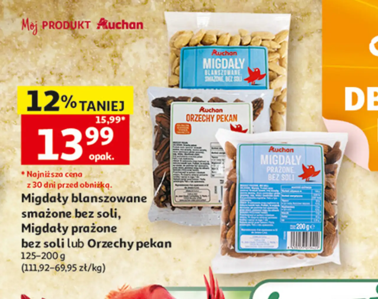 Migdały blanszowane smażone bez soli, Migdały prażone bez soli lub Orzechy pekan