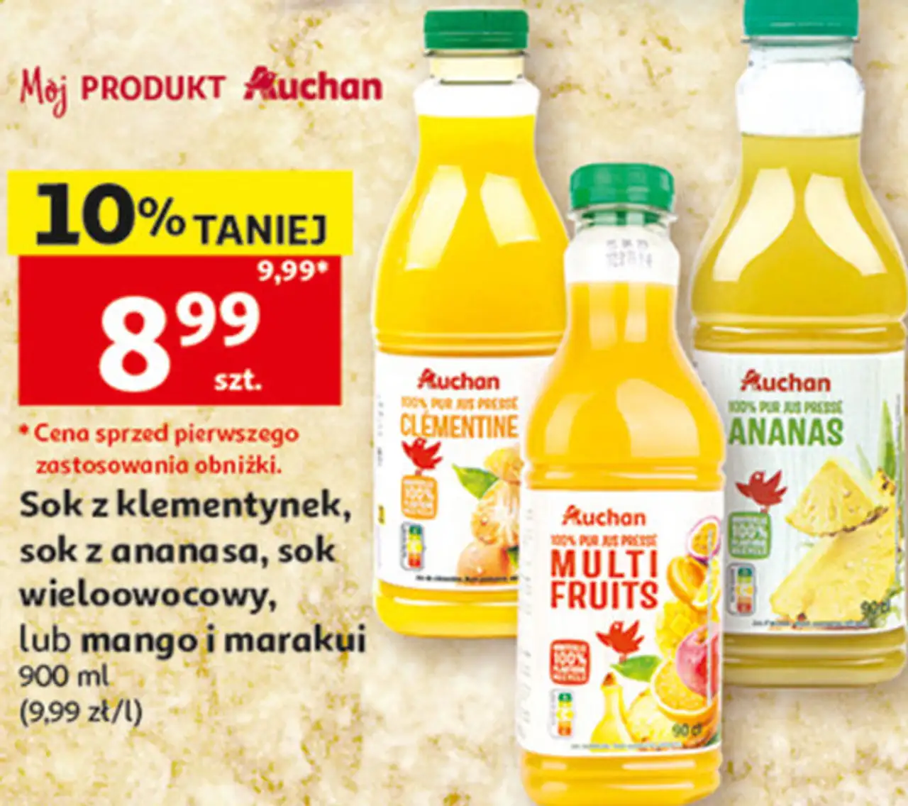 Sok z klementynek, sok z ananasa, sok wieloowocowy, lub mango i marakui