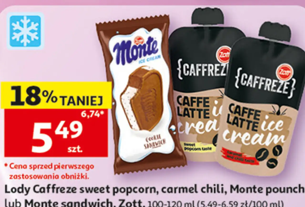 Lody Caffreze sweet popcorn, carmel chili, Monte pounch lub Monte sandwich, Zott