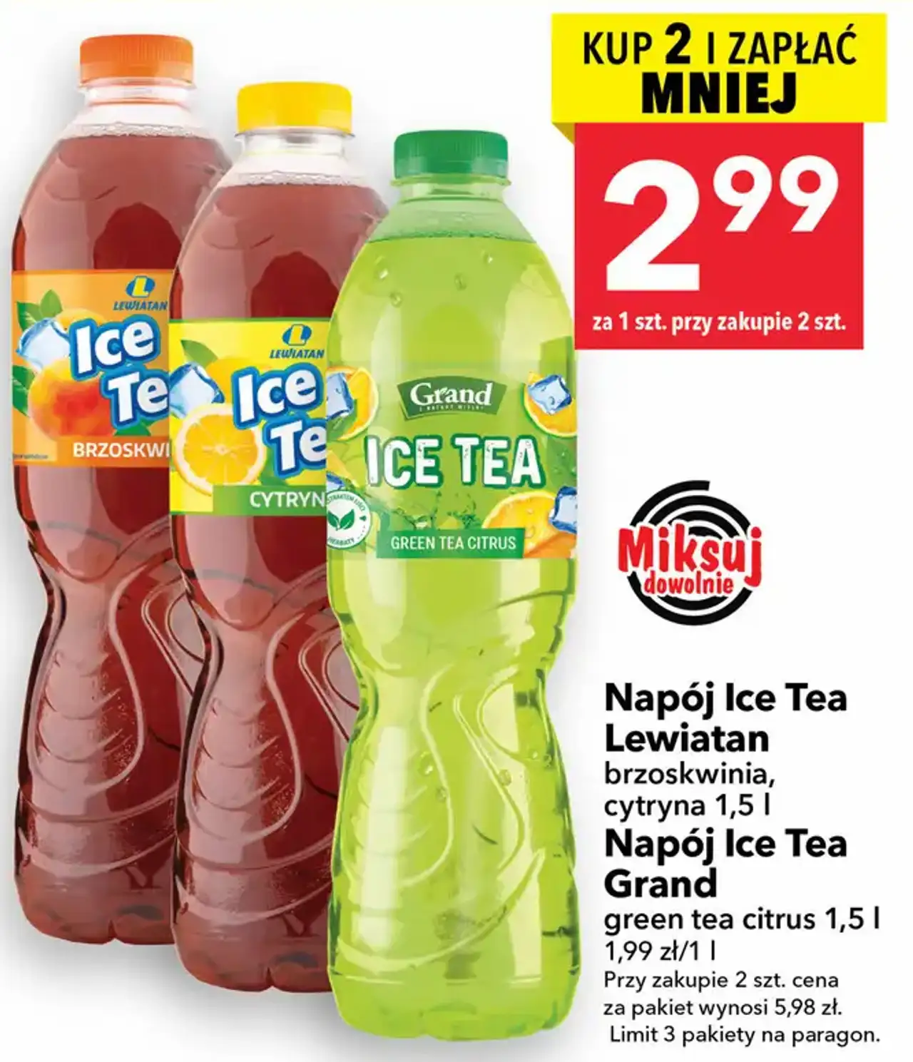 Napój Ice Tea Lewiatan brzoskwinia, cytryna 1,5 l Napój Ice Tea Grand green tea citrus 1,5 l