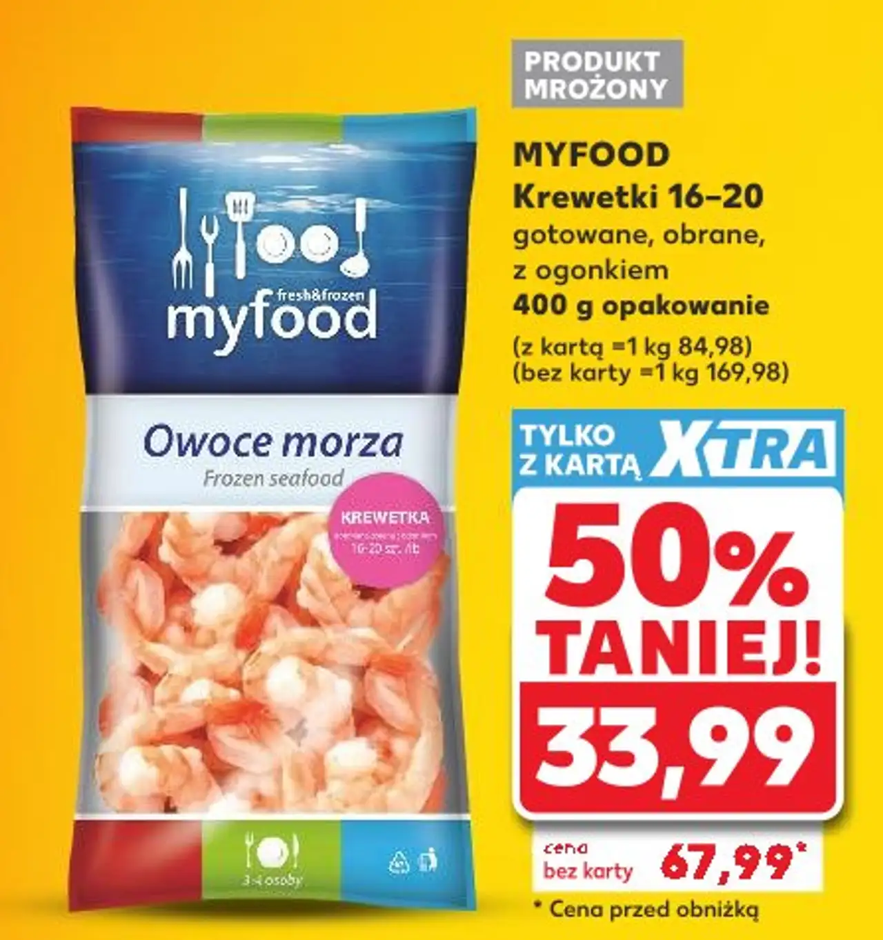MYFOOD Krewetki 16-20 gotowane, obrane, z ogonkiem 400 g opakowanie