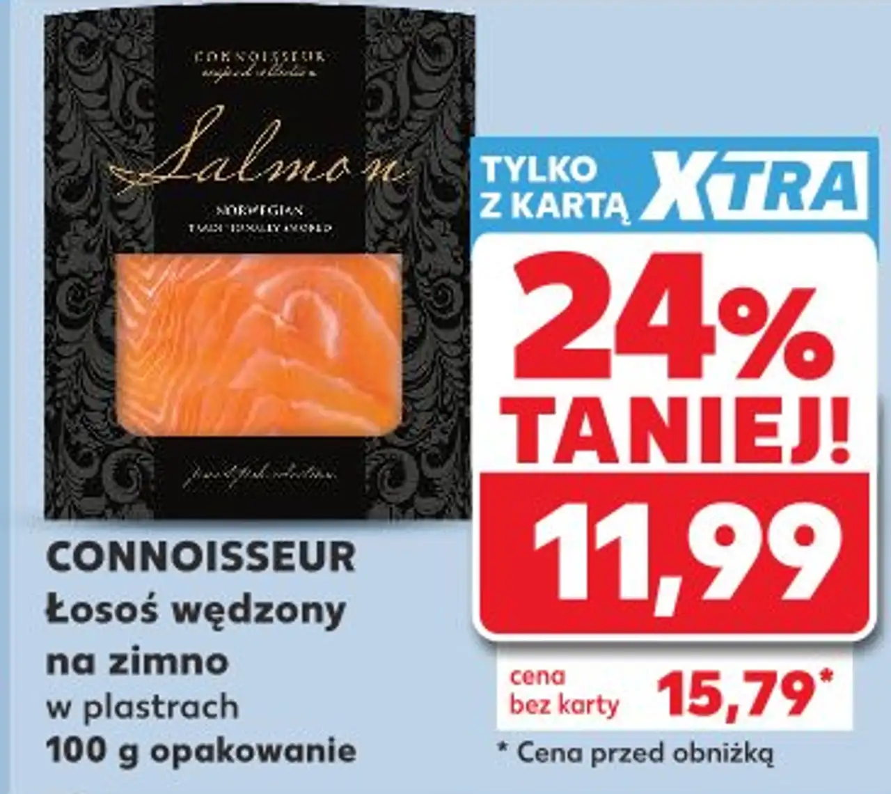 CONNOISSEUR Łosoś wędzony na zimno w plastrach 100 g opakowanie