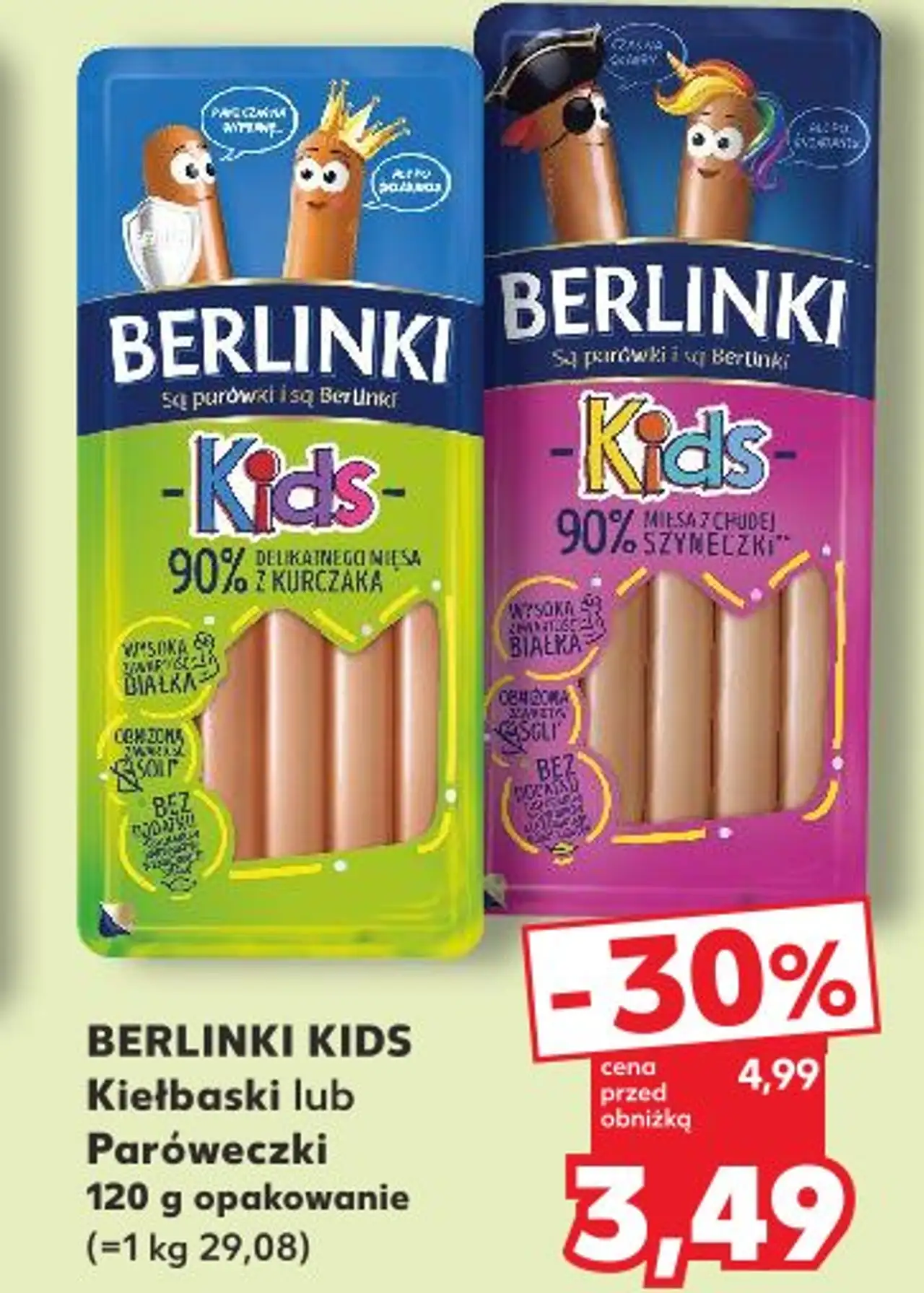 BERLINKI KIDS Kiełbaski lub Paróweczki 120 g opakowanie