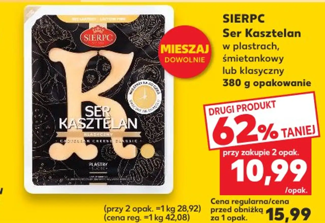SIERPC Ser Kasztelan w plastrach, śmietankowy lub klasyczny 380 g opakowanie