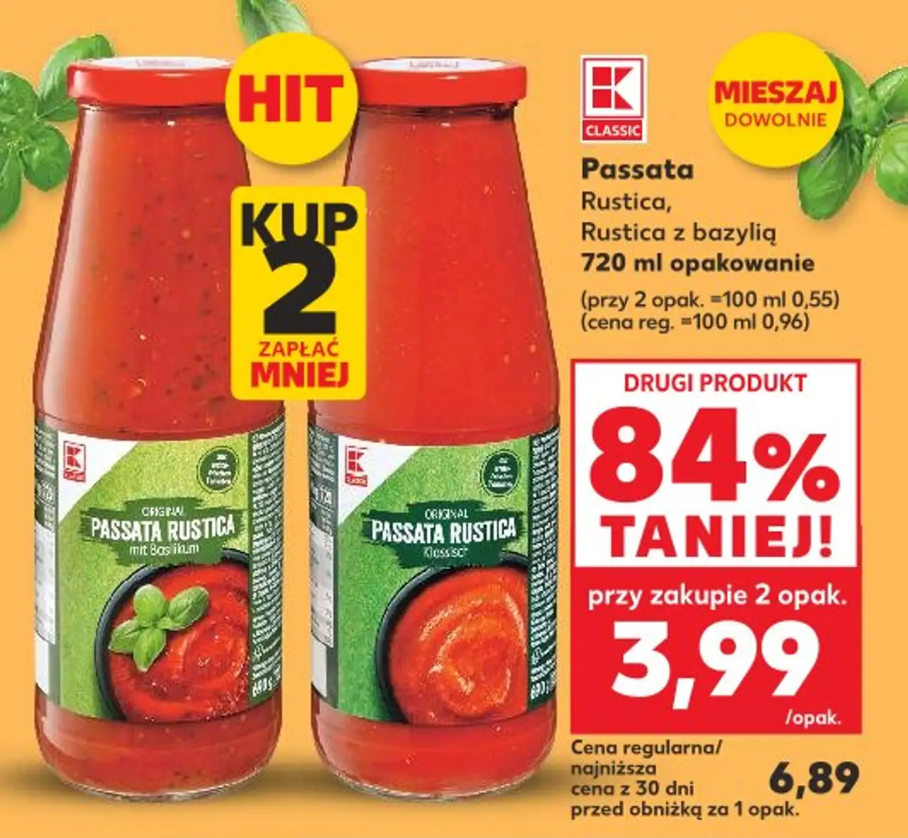 K-CLASSIC Passata Rustica, Rustica z bazylią 720 ml opakowanie