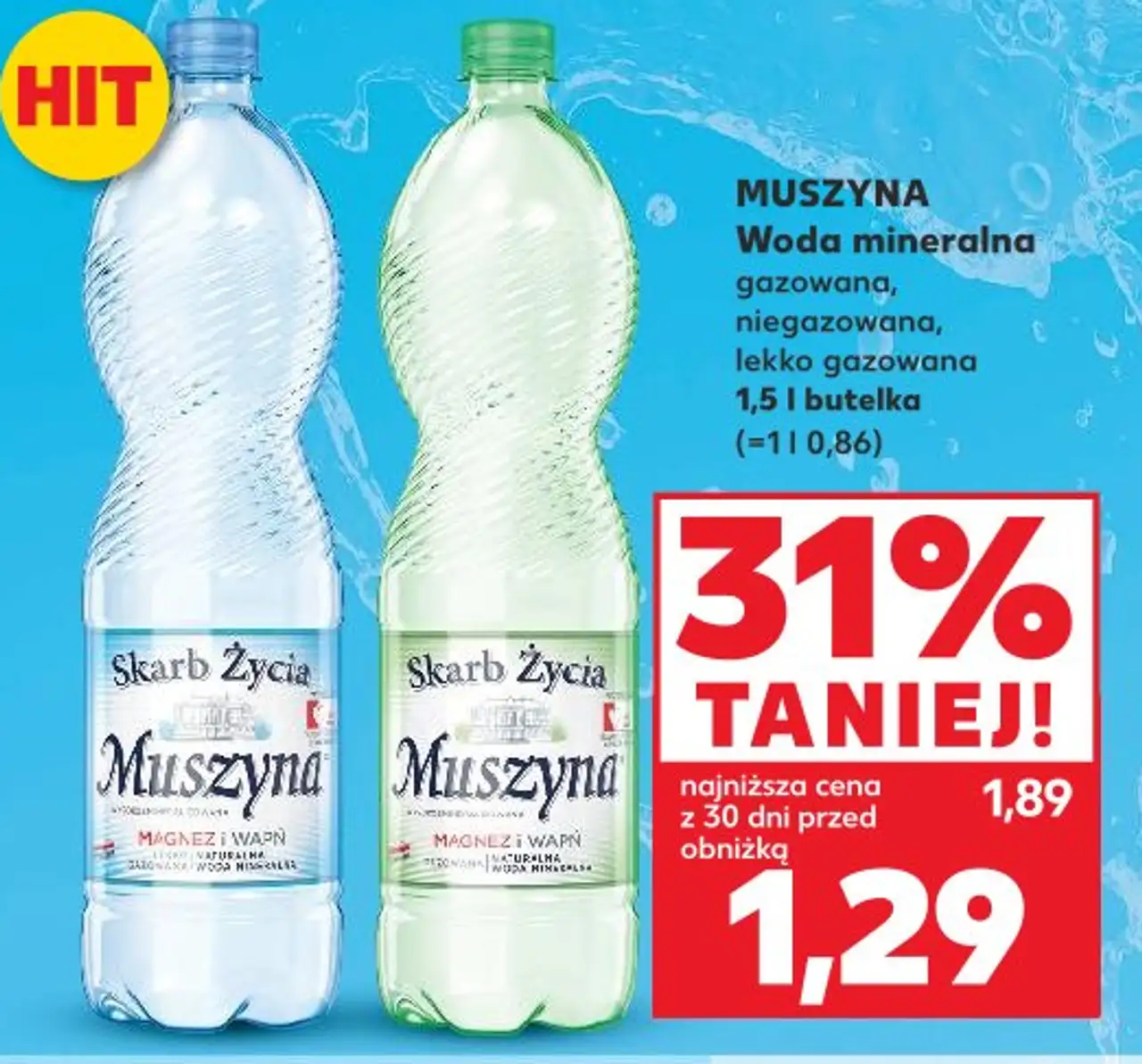 MUSZYNA Woda mineralna gazowana, niegazowana, lekko gazowana 1,5 l butelka