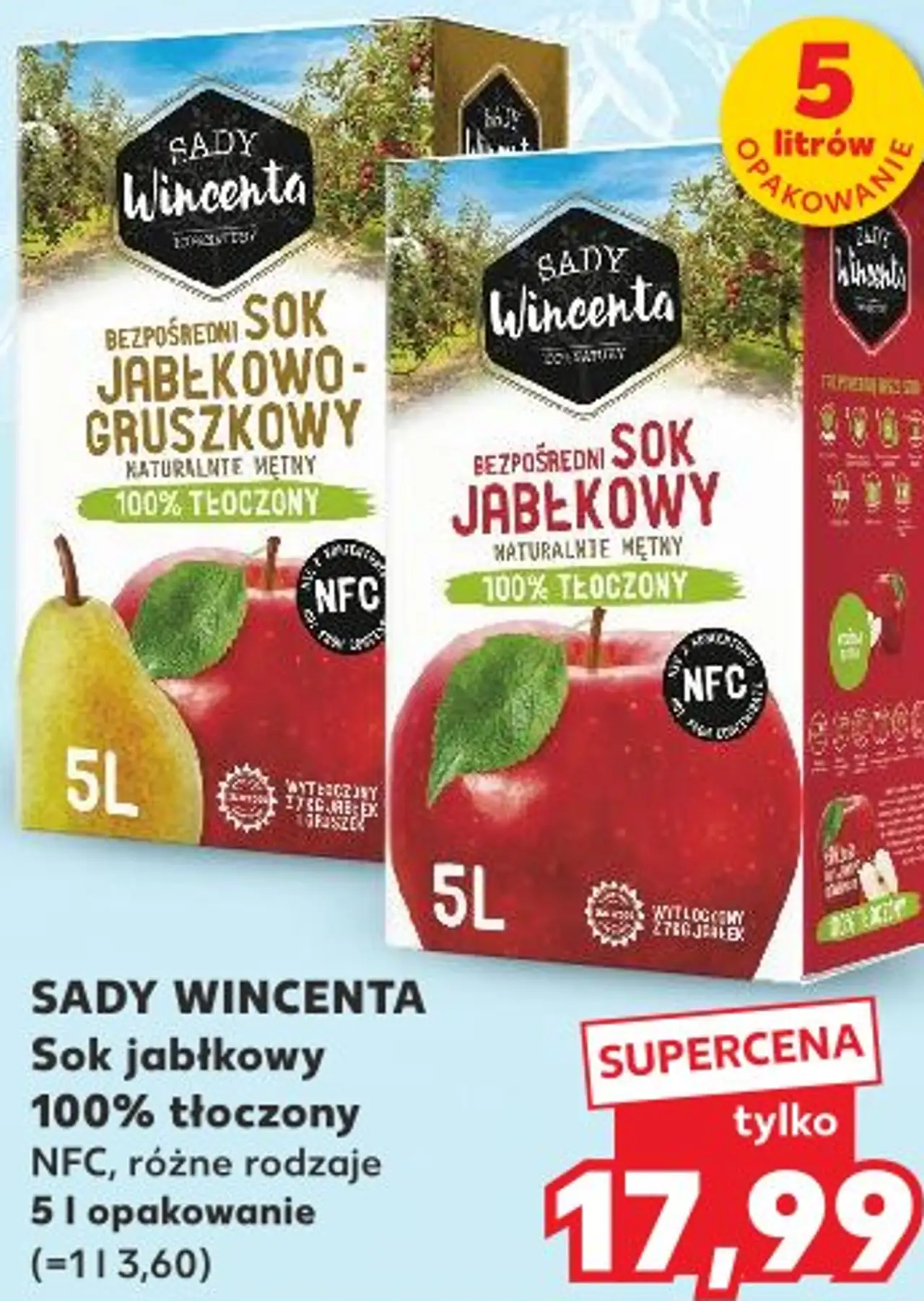 SADY WINCENTA Sok jabłkowy 100% tłoczony NFC, różne rodzaje 5 l opakowanie