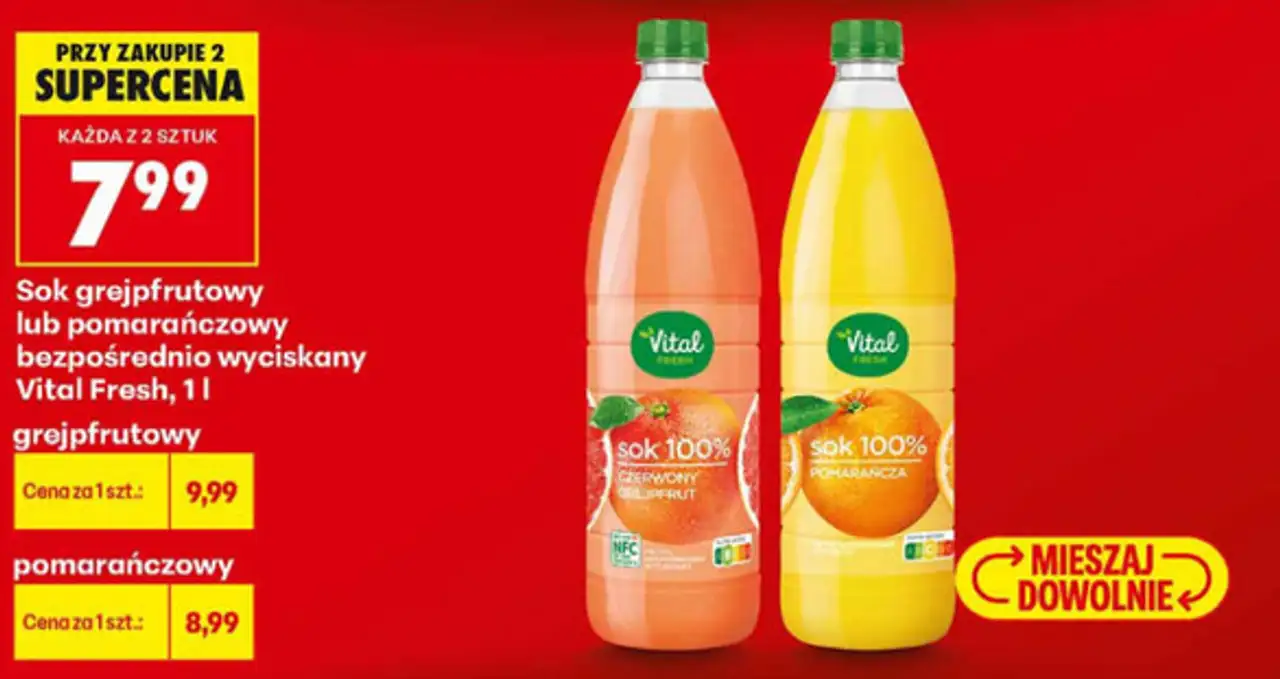 Sok grejpfrutowy lub pomarańczowy bezpośrednio wyciskany Vital Fresh, 1 l