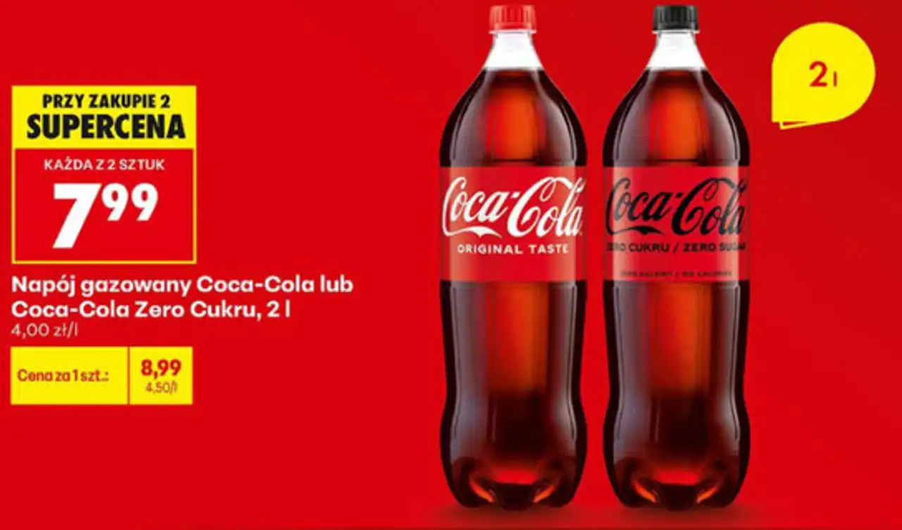 Napój gazowany Coca-Cola lub Coca-Cola Zero Cukru, 2 l