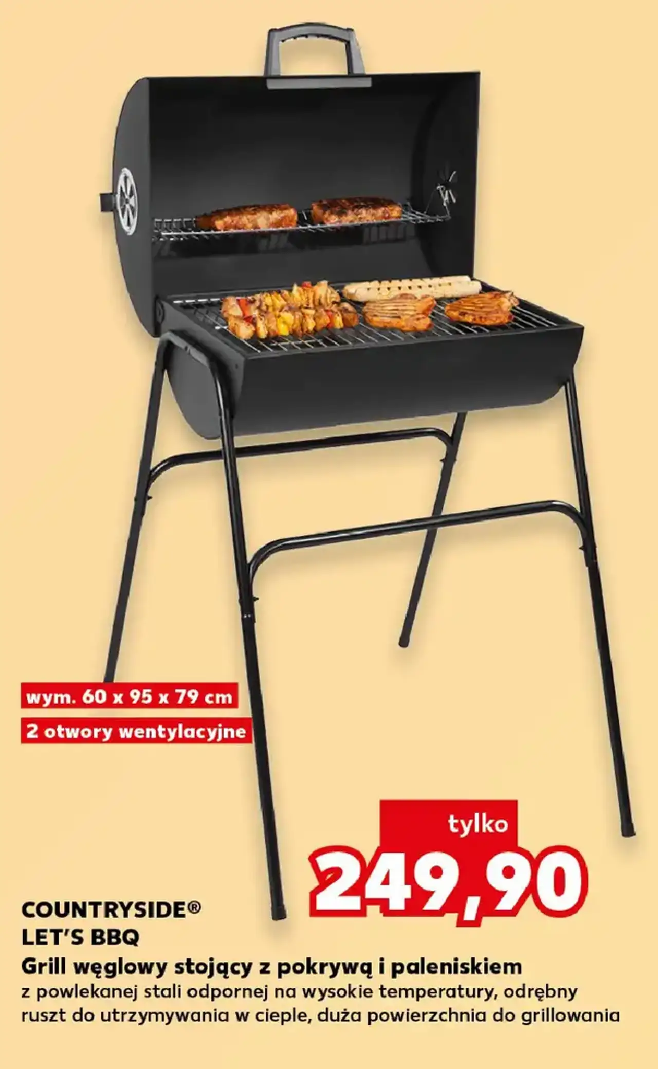 COUNTRYSIDE® LET'S BBQ Grill węglowy stojący z pokrywą i paleniskiem