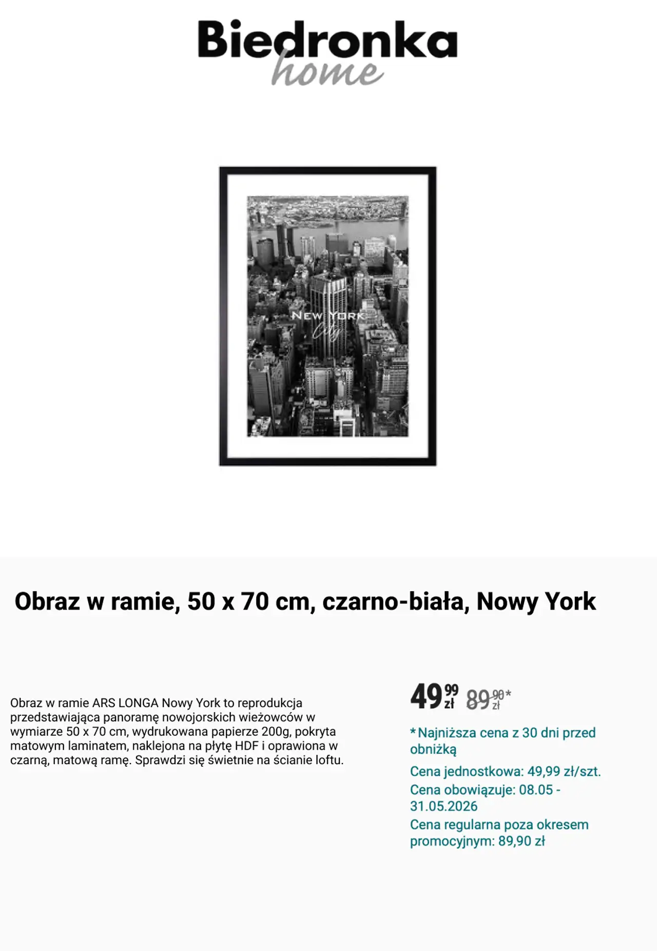 Obraz w ramie, 50 x 70 cm, czarno-biała, Nowy York