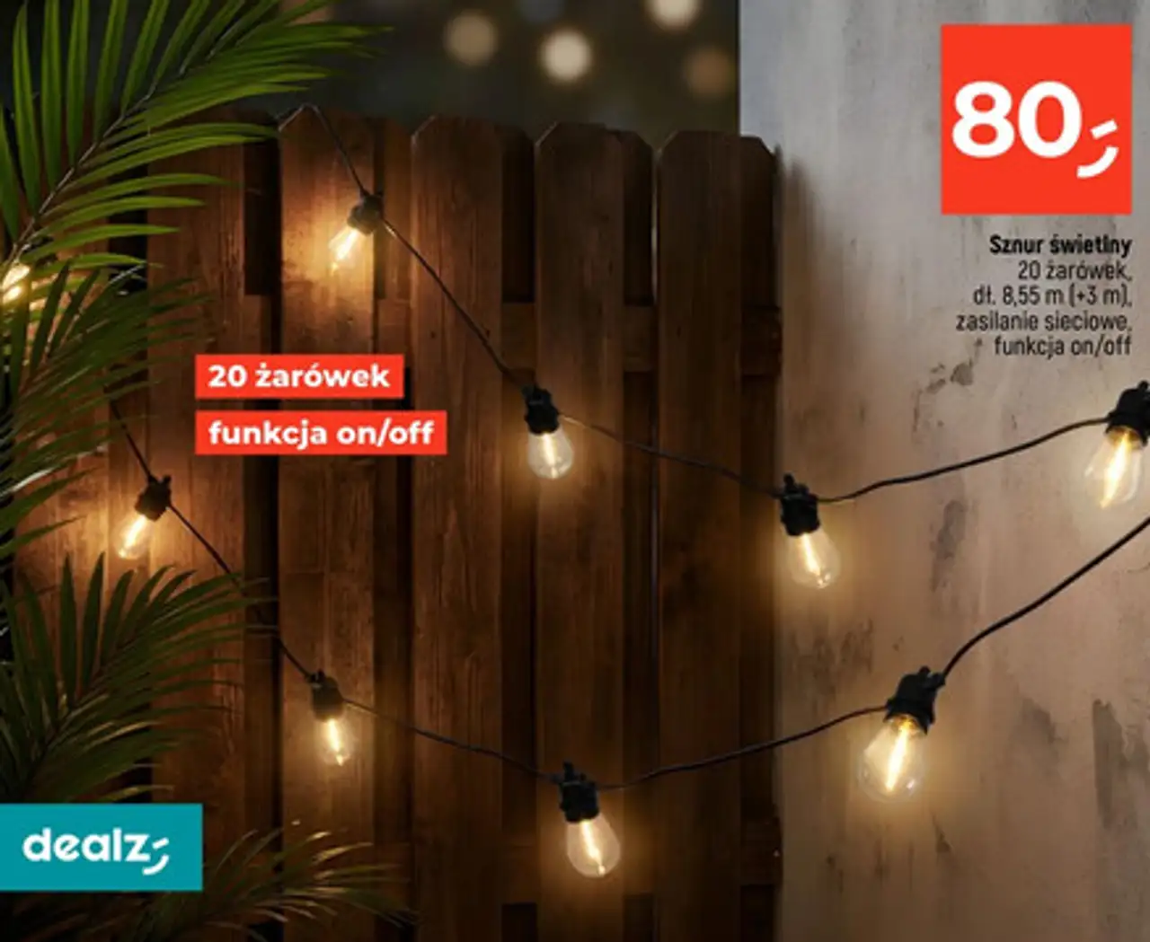 Sznur świetlny 20 żarówek, dł. 8,55 m (+3 m), zasilanie sieciowe, funkcja on/off