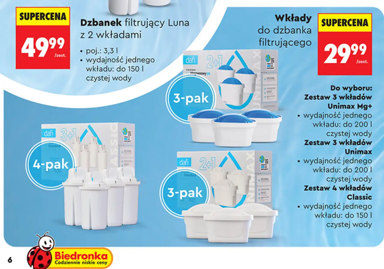Dzbanek filtrujący Luna z 2 wkładami lub wkłady do dzbanka filtrującego Dafi