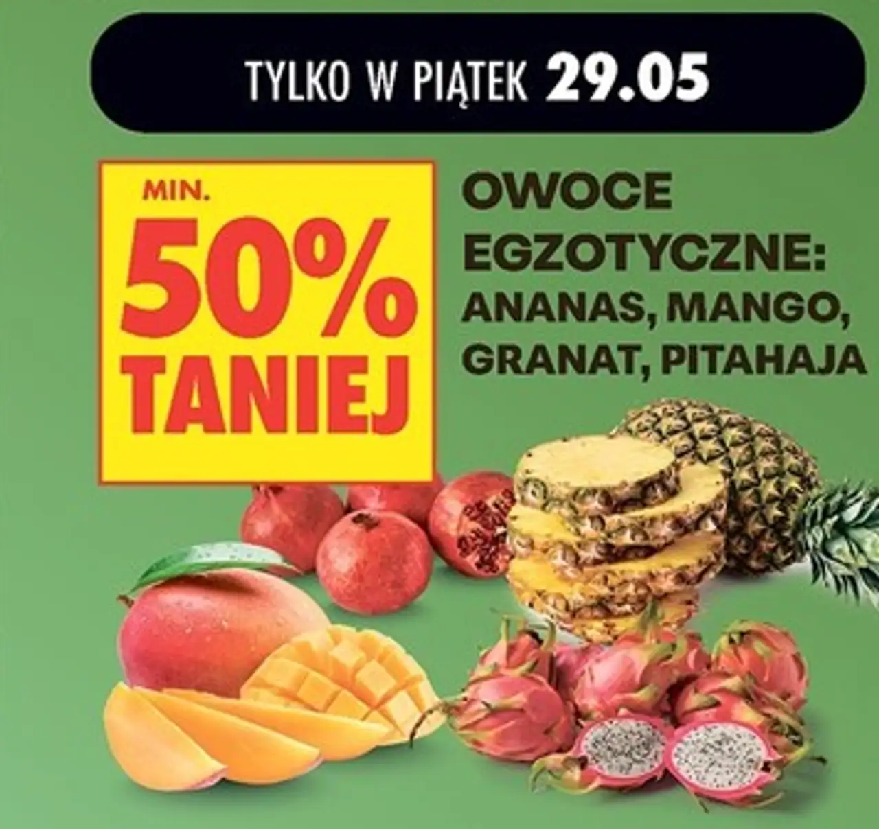 Owoce egzotyczne: ananas, mango, granat, pitahaja