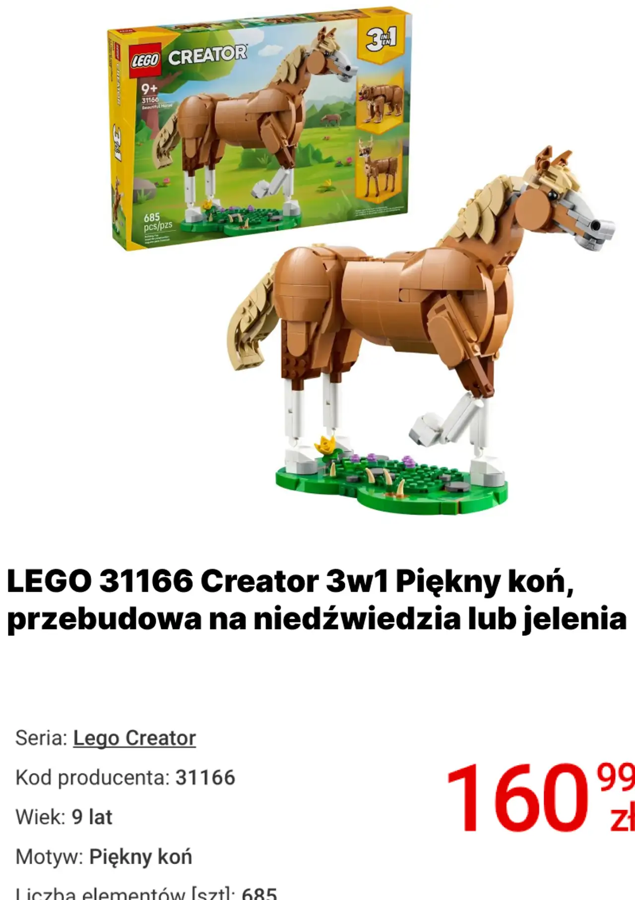 LEGO 31166 Creator 3w1 Piękny koń, przebudowa na niedźwiedzia lub jelenia