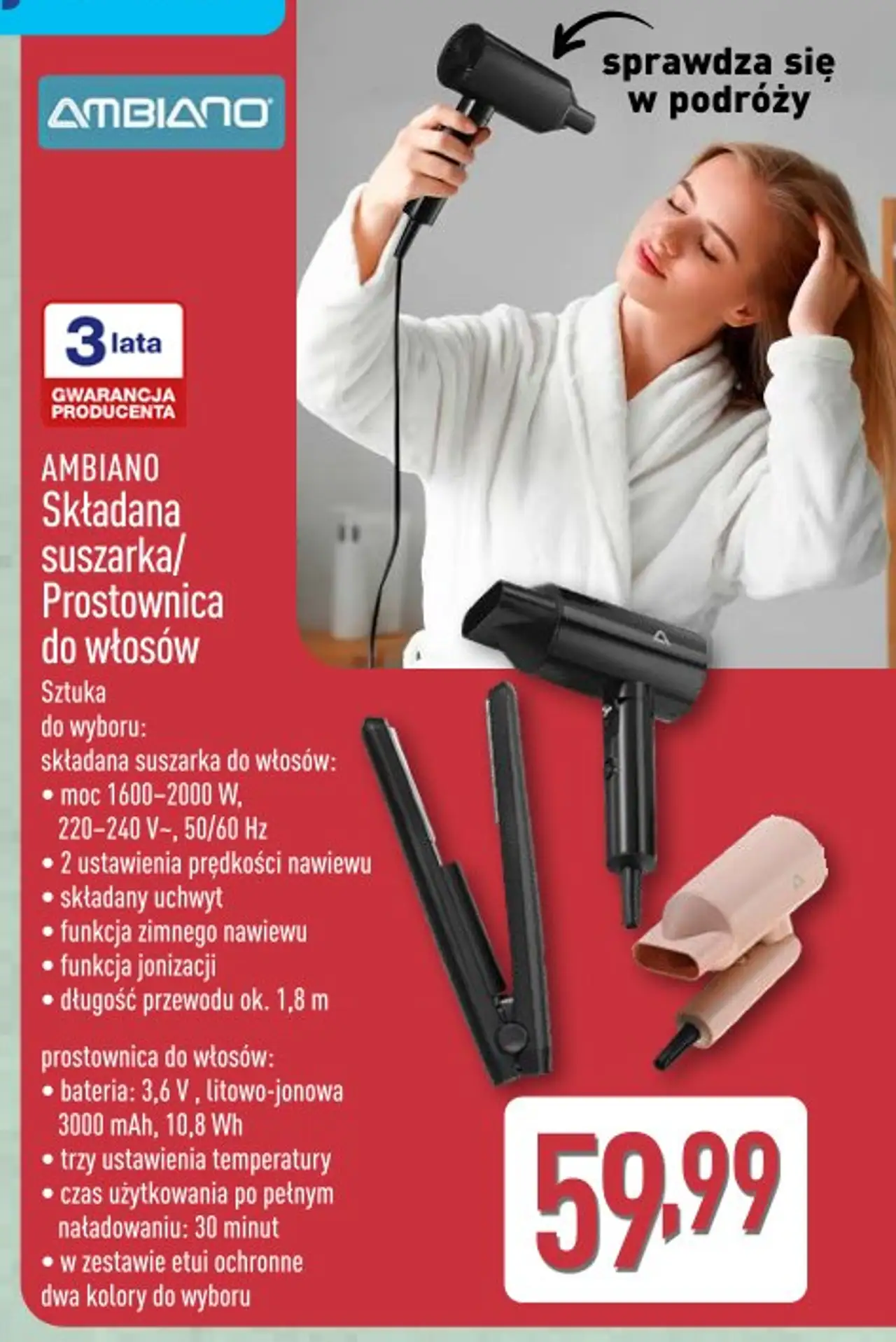 AMBIANO Składana suszarka/Prostownica do włosów