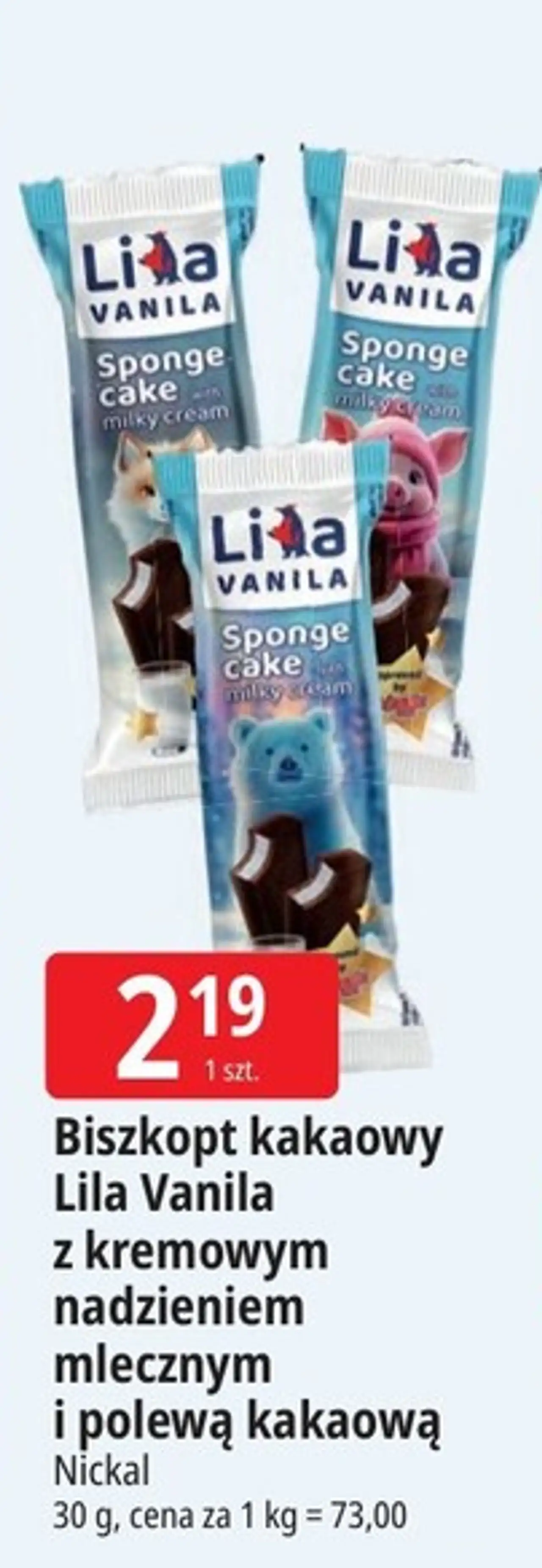 Biszkopt kakaowy Lila Vanila z kremowym nadzieniem mlecznym i polewą kakaową Nickal