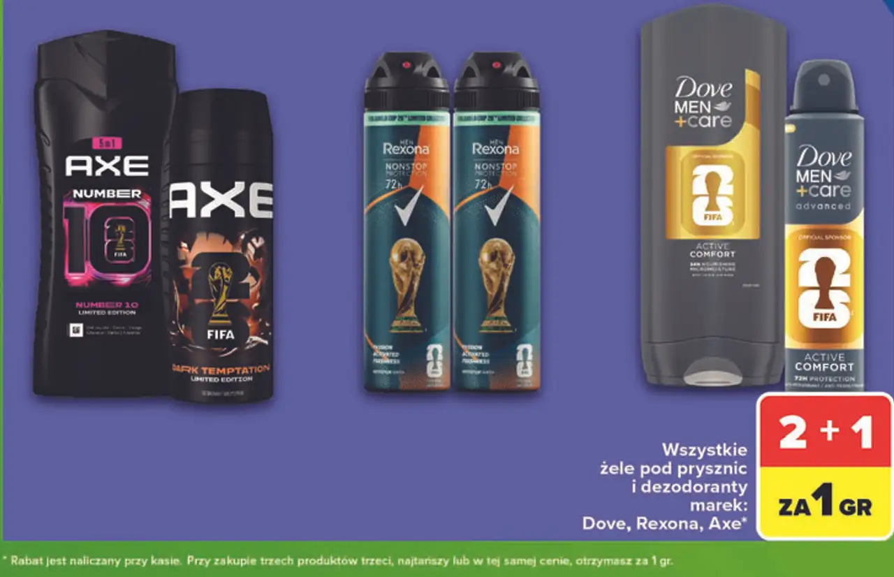 Wszystkie żele pod prysznic i dezodoranty marek: Dove, Rexona, Axe