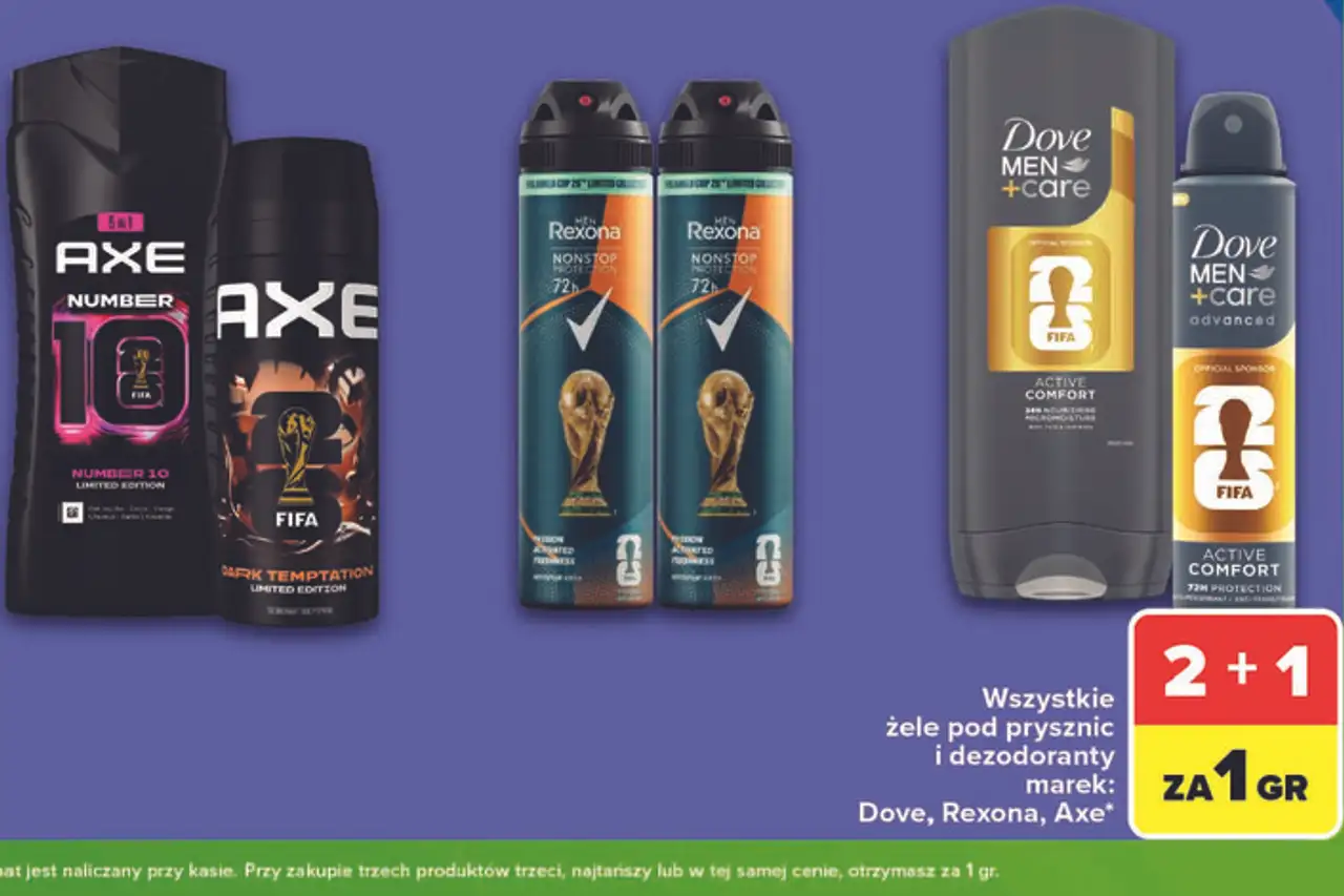 Wszystkie żele pod prysznic i dezodoranty marek: Dove, Rexona, Axe