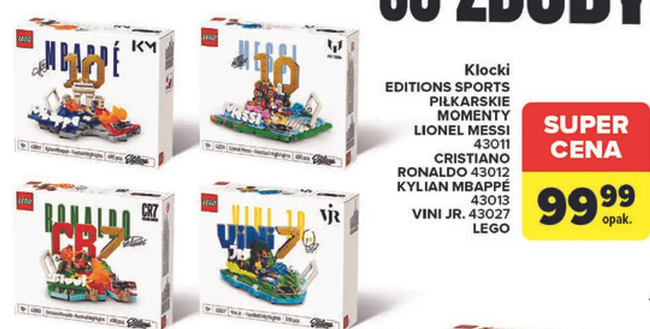 Klocki LEGO Editions Sports Piłkarskie Momenty Lionel Messi 43011 / Cristiano Ronaldo 43012 / Kylian Mbappé 43013 / Vini Jr. 43027