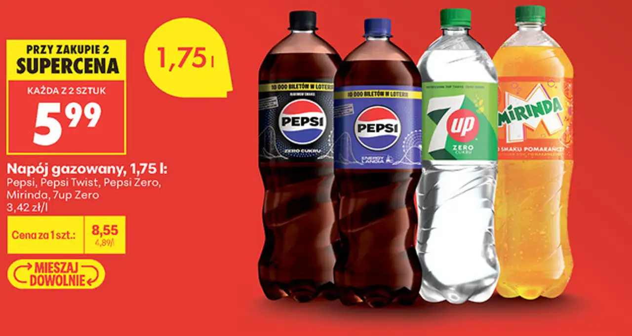 Napój gazowany, 1,75 l: Pepsi, Pepsi Twist, Pepsi Zero, Mirinda, 7up Zero